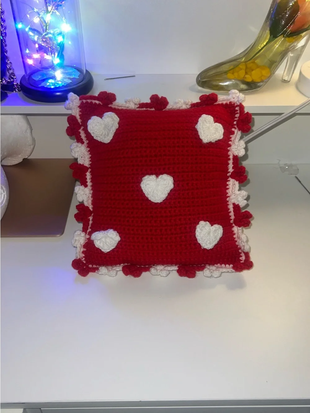 Red Crochet Heart Accent Pillow - Festive Home Holiday Cushion